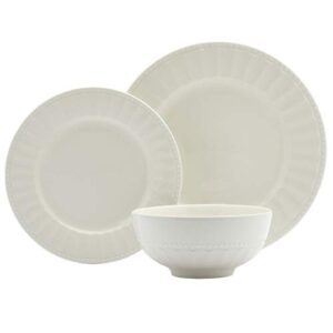 tabletops gallery embossed bone white porcelain round dinnerware collection- chip resistant scratch resistant, mosaico 12 piece dinnerware set (dinner plate, salad plate, cereal bowl)