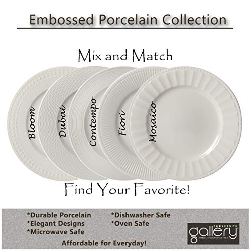 Tabletops Gallery Embossed Bone White Porcelain Round Dinnerware Collection- Chip Resistant Scratch Resistant, Mosaico 12 Piece Dinnerware Set (Dinner Plate, Salad Plate, Cereal Bowl)
