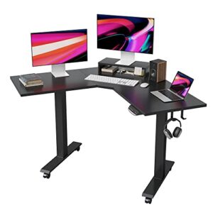 fezibo dual motor l shaped electric standing desk, 48 inches corner sit stand desk, home office adjustable height desk with black top and black frame