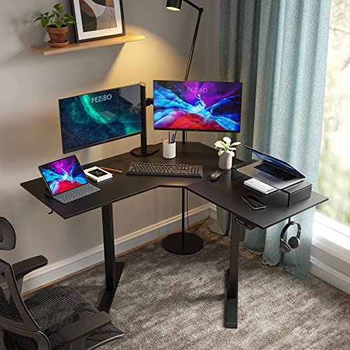 FEZIBO Dual Motor L Shaped Electric Standing Desk, 48 Inches Corner Sit Stand Desk, Home Office Adjustable Height Desk with Black Top and Black Frame