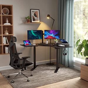 FEZIBO Dual Motor L Shaped Electric Standing Desk, 48 Inches Corner Sit Stand Desk, Home Office Adjustable Height Desk with Black Top and Black Frame