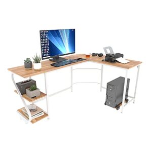 weehom reversible l shaped desk with shelves large corner computer desks for home office writing workstation wooden desk table, walnut+white leg