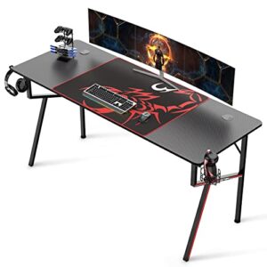 it's_organized gaming desk 63 inch, k-shaped gaming computer desk, carbon fiber surface professional gamer workstation with mouse pad cup holder headphone hook controller stand, black