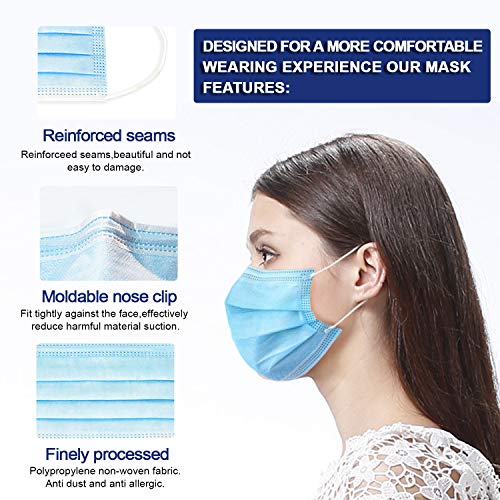 T·IMTEX Disposable Protective Face Mask, Breathable 3 Ply Masks with Earloops，with Melt-Blown Cloth (Blue 50pcs)