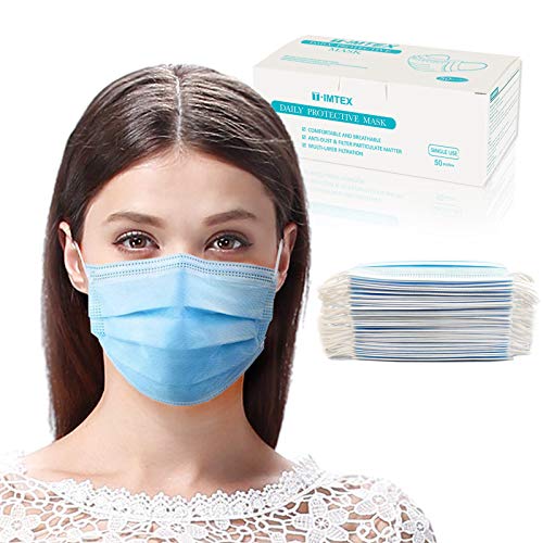 T·IMTEX Disposable Protective Face Mask, Breathable 3 Ply Masks with Earloops，with Melt-Blown Cloth (Blue 50pcs)