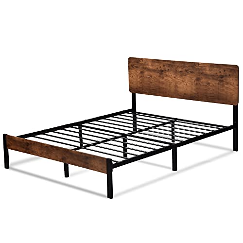 Allewie Full Size Platform Bed Frame with Wood headboard and Metal Slats/Rustic Country Style Mattress Foundation/Box Spring Optional/Strong Metal Slats Support/Easy Assembly