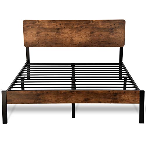Allewie Full Size Platform Bed Frame with Wood headboard and Metal Slats/Rustic Country Style Mattress Foundation/Box Spring Optional/Strong Metal Slats Support/Easy Assembly