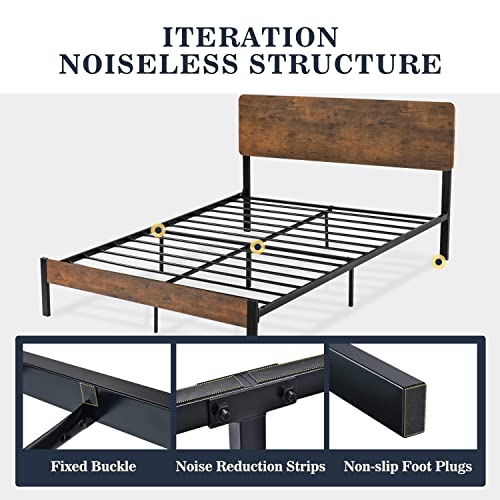 Allewie Full Size Platform Bed Frame with Wood headboard and Metal Slats/Rustic Country Style Mattress Foundation/Box Spring Optional/Strong Metal Slats Support/Easy Assembly