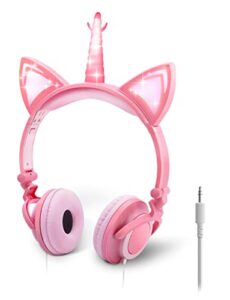 onta unicorn kids headphones, cat ear led light up foldable earphone wired over on ear for girls boys,kids headband toddler tablet for school supply/travel/holiday/birthday/cosplay gifts(peach)