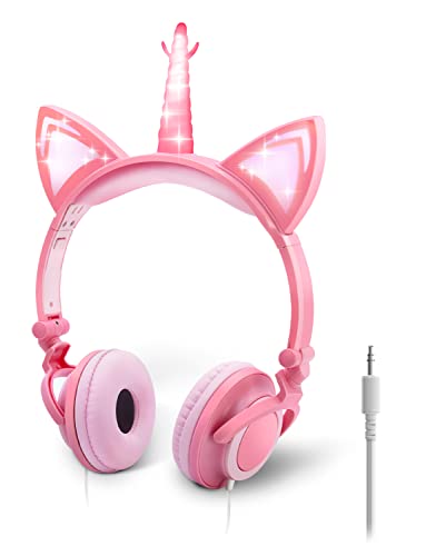 ONTA Unicorn Kids Headphones, Cat Ear LED Light Up Foldable Earphone Wired Over On Ear for Girls Boys,Kids Headband Toddler Tablet for School Supply/Travel/Holiday/Birthday/Cosplay Gifts(Peach)