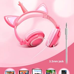 ONTA Unicorn Kids Headphones, Cat Ear LED Light Up Foldable Earphone Wired Over On Ear for Girls Boys,Kids Headband Toddler Tablet for School Supply/Travel/Holiday/Birthday/Cosplay Gifts(Peach)