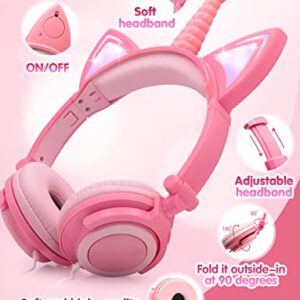 ONTA Unicorn Kids Headphones, Cat Ear LED Light Up Foldable Earphone Wired Over On Ear for Girls Boys,Kids Headband Toddler Tablet for School Supply/Travel/Holiday/Birthday/Cosplay Gifts(Peach)