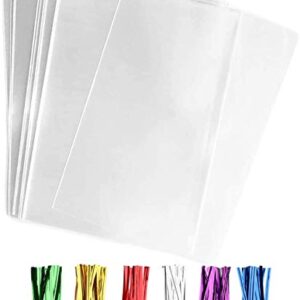 100 pcs Clear 4" x 9" Flat Cello Cellophane Bags Poly Treat Bags 2.8 mils for Gift Wrapping, Bakery, Cookie, Candies, Toast, Dessert, Party Favors Packaging with Color Twist Ties