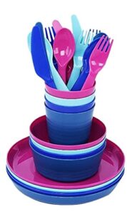klickpick home plastic dinnerware set of 24 pieces 4 colors kids dinnerware set includes, kids cups, kids plates, kids bowls, flatware set, toddler dishes set are reusable, microwave - dishwasher safe