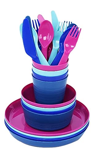 Klickpick Home Plastic Dinnerware Set Of 24 Pieces 4 colors Kids Dinnerware Set Includes, Kids Cups, Kids Plates, Kids Bowls, Flatware Set, Toddler Dishes Set are Reusable, Microwave - Dishwasher Safe