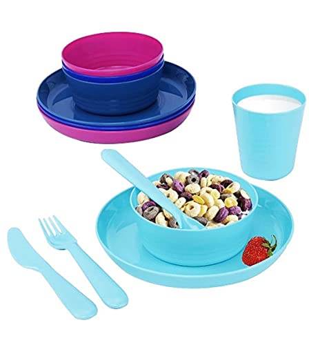 Klickpick Home Plastic Dinnerware Set Of 24 Pieces 4 colors Kids Dinnerware Set Includes, Kids Cups, Kids Plates, Kids Bowls, Flatware Set, Toddler Dishes Set are Reusable, Microwave - Dishwasher Safe