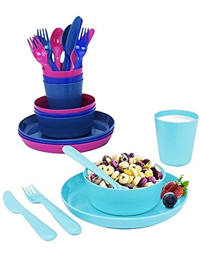 Klickpick Home Plastic Dinnerware Set Of 24 Pieces 4 colors Kids Dinnerware Set Includes, Kids Cups, Kids Plates, Kids Bowls, Flatware Set, Toddler Dishes Set are Reusable, Microwave - Dishwasher Safe