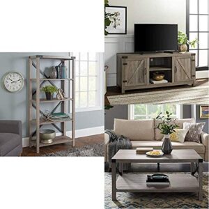 walker edison furniture wood bookcase bookshelf home office living room storage, 4 shelf, gray wash | universal stand for tv's up to 64", 58 inch, grey | rectangle ottoman storage shelf, gray wash