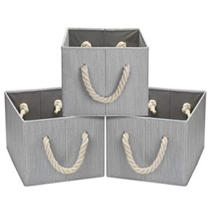 robuy fabric storage bins with cotton rope handle collapsible stroage basket for home office nursery and more grey bamboo fabric 3-pack