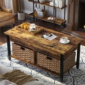 Rolanstar Coffee Table Lift Top, Coffee Table with Hidden Storage Compartment and 2 Rattan Baskets, 41.7" Retro Central Table with Wooden Lift Tabletop and Metal Frame for Living Room, Rustic Brown