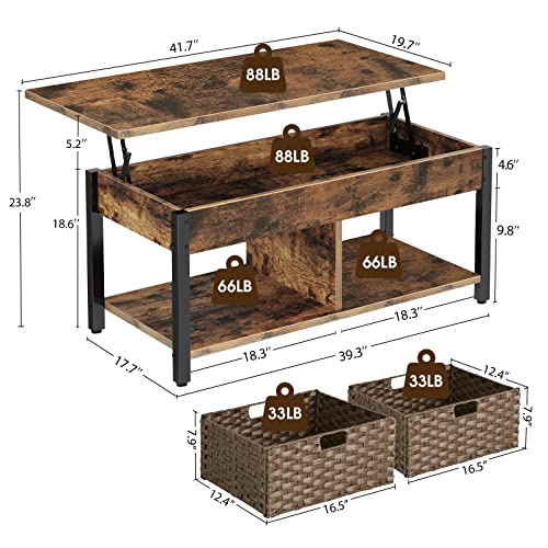 Rolanstar Coffee Table Lift Top, Coffee Table with Hidden Storage Compartment and 2 Rattan Baskets, 41.7" Retro Central Table with Wooden Lift Tabletop and Metal Frame for Living Room, Rustic Brown