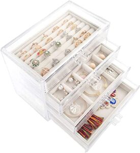 mebbay acrylic jewelry box with 4 drawers, velvet jewelry organizer for earring necklace ring & bracelet, clear jewelry display storage case gift for woman, girls beige white 9.4"x5.3"x7.7"