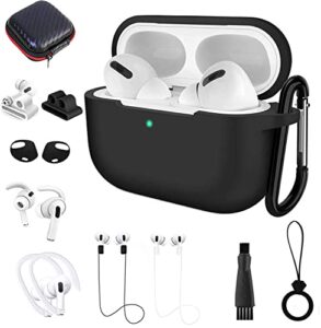 for airpods pro case black, 12in1 kit silicone accessory set protective cover for airpods pro 1st generation with watch band holder/ear hook/ear hangers/ear tip/strap/ring/keychain/brush/carrying box
