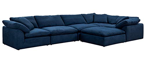 Sunset Trading Contemporary Puff Collection 6PC Slipcovered Modular Filled Chaise Lounge Couch | Stain-Proof Water-Resistant Washable Performance Fabric Sectional Sofa, 176" L-Shaped Pit, Navy Blue