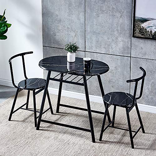 QIHANG-US 3-Piece Small Dining Table Set, Wood Kitchen Table with 2 Chairs, Marble Look Oval Dinette Set with Metal Legs, Black