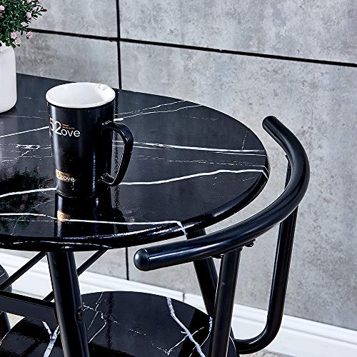 QIHANG-US 3-Piece Small Dining Table Set, Wood Kitchen Table with 2 Chairs, Marble Look Oval Dinette Set with Metal Legs, Black