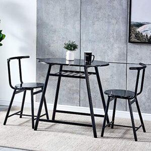 QIHANG-US 3-Piece Small Dining Table Set, Wood Kitchen Table with 2 Chairs, Marble Look Oval Dinette Set with Metal Legs, Black