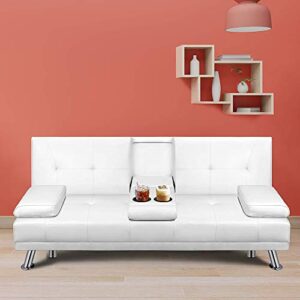 walsunny modern faux leather sofa, folding reclining sofa, double arms, living room bedroom sofa chair (white)