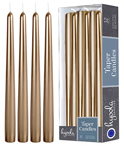 Hyoola Tall Metallic Antique Gold Taper Candles - 12 Inch - Dripless - 12 Pack - 10 Hour Burn Time