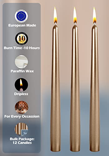 Hyoola Tall Metallic Antique Gold Taper Candles - 12 Inch - Dripless - 12 Pack - 10 Hour Burn Time