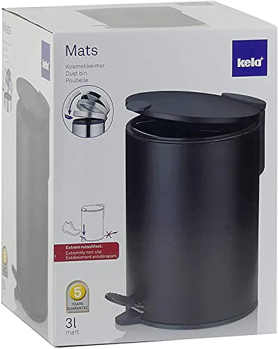 Kela Bathroom Trash Can with Soft Close, Step-On Lid, Black, 0.8 Gallons, 9 inches Tall, Small Waste