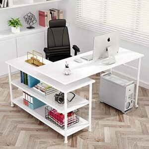 tribesigns modern l-shaped desk with storage shelves, 360°rotating desk corner computer desk study writing table workstation with open shelves for home office, high glossy finish (white)