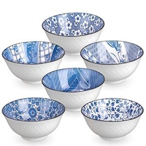 deecoo 6 pack 24-ounce japanese style ceramic cereal bowls for cereal, salad, soup, pho, ramen, dessert, rice, noodle, pasta bowl set - microwave safe, stackable, blue and white, assorted patterns