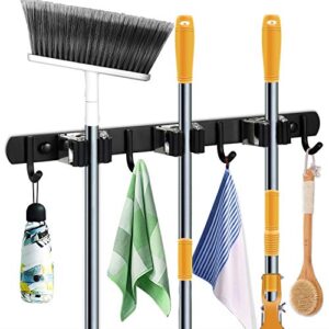 goowin broom holder wall mount, broom holder, heavy duty stainless steel broom and mop holder wall mounted with 3 racks 4 hooks for bathroom kitchen office (black)