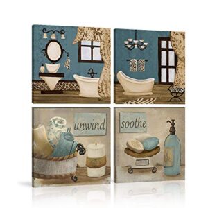viivei bathroom canvas vintage painting poster wall art print can be hung blue green wall decoration beautiful gifts home art is ready to hang (bathroom-01, 12"x12"x4pcs)