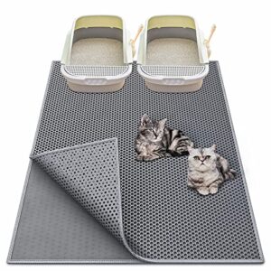waretary cat litter mat 36"x 30", kitty pretty litter box trapping mat, extra large xl honeycomb double scatter control layer mat, urine & waterproof, washable, easy clean, phthalate free (grey)(1 side connected)