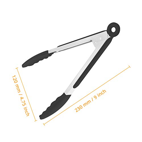 KUFUNG Silicone Kitchen Tongs, Serving Tongs for cooking, High Heat Resistant to 480°F, Stainless Steel Metal Food Tongs with Non-Stick Silicone Tips (9 inch, Black)