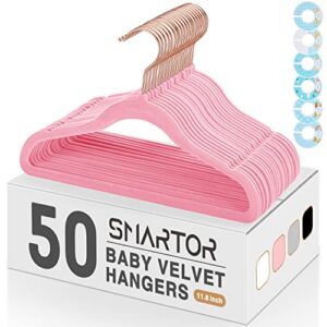 smartor premium velvet baby hangers for closet 50 pack, 11.8" safe durable baby clothes hangers for nursery with 6 pcs closet dividers, sturdy felt hangers for toddler/infant/kids/childrens - pink