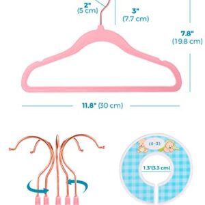 Smartor Premium Velvet Baby Hangers for Closet 50 Pack, 11.8" Safe Durable Baby Clothes Hangers for Nursery with 6 Pcs Closet Dividers, Sturdy Felt Hangers for Toddler/Infant/Kids/Childrens - Pink