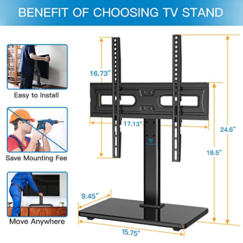 PERLESMITH Universal Swivel TV Stand-Table Top TV Stand for 32-60 inch TV-Height Adjustable TV Base with Heavy-Duty Tempered Glass Base, VESA 400x400mm up to 88lbs, PSTVS17