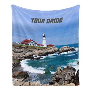 cuxweot custom blanket with name text,personalized beautiful sea lighthouse super soft fleece throw blanket for couch sofa bed (50 x 60 inches)
