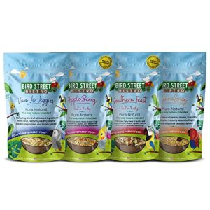 bird street bistro parrot food sample 4 pack - parakeet food - cockatiel food - bird food - cooks in 3-15 min w/natural & organic grains - healthy, non-gmo fruits, healthy orientated spices