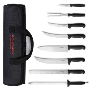 BOLEXINO Professional 9 Piece BBQ Knife Set, Knife Roll, Japanese style Premium stainless Steel Chef Knife Set, The Ultimate Grilling Set with Carrying Bag