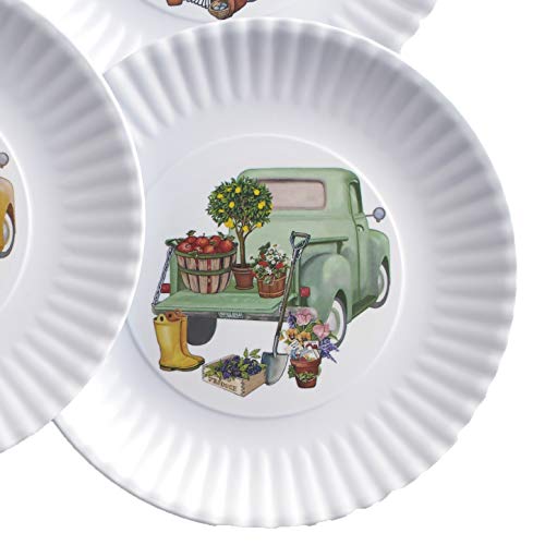 Melamine Floral Truck Dinner and Salad Serving Plates - Set of 4