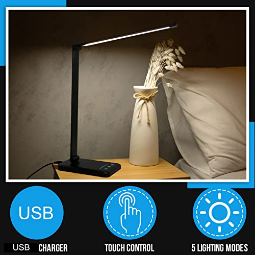 LIGHTACCENTS LED Desk Lamp with USB Charging Port, Smooth Touch Light Dimmer Switch with Adjustable Light Color Temperature Automatic Shut Off Feature Solid Aluminum Construction (Black)