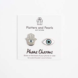 Metal Charm Stickers for Cell Phone Cases. Evil Eye and Hamsa Set of 2 Reusable & Removable Leaves No Residue. Universal Spiritual Symbols of Protection and Good Luck. (Evil Eye and Hamsa Hand.)